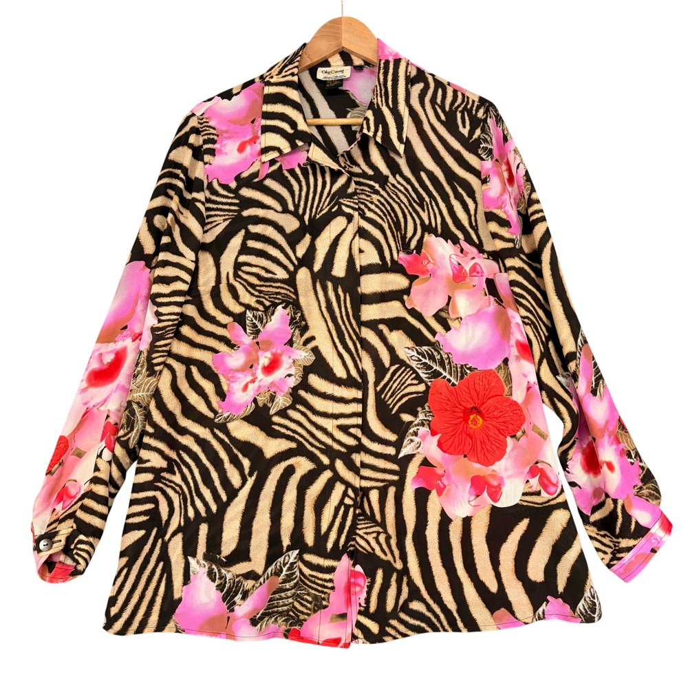 Vtg Oleg Cassini 100% Silk Blouse 1X Zebra Floral Print Long Sleeve Button Down